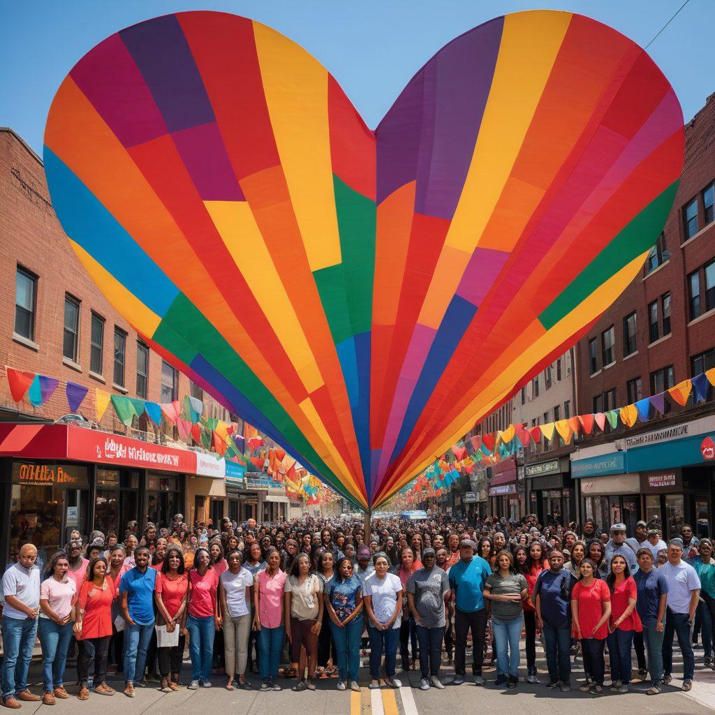 A vibrant community gathering with people of diverse backgrounds engaging in discussions under colorful banners promoting love and affection. Emphasize heart-shaped visual elements and symbols of unity, with a backdrop of a city skyline illustrating the connection between grassroots initiatives and public policy. Include a group of enthusiastic individuals holding signboards advocating for love and community support. The image should radiate warmth and positivity. vibrant colors. super-realistic. community art.