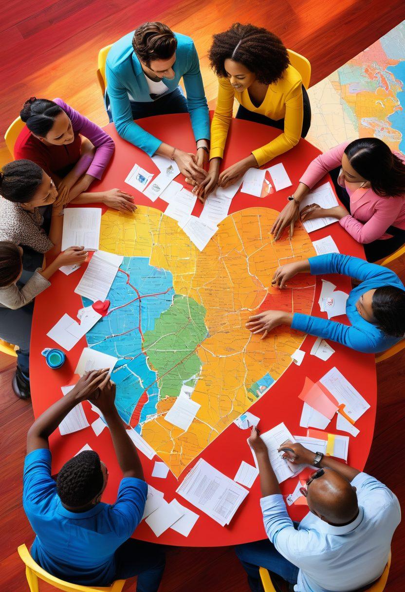 A vibrant scene depicting a diverse group of people engaging in a passionate discussion around a table filled with colorful project boards and documents about romance legislation. In the background, a heart-shaped map illustrates the impact of nonprofit initiatives on various communities. The atmosphere is filled with warmth and activism, symbolizing hope and change. super-realistic. vibrant colors. dynamic perspective.